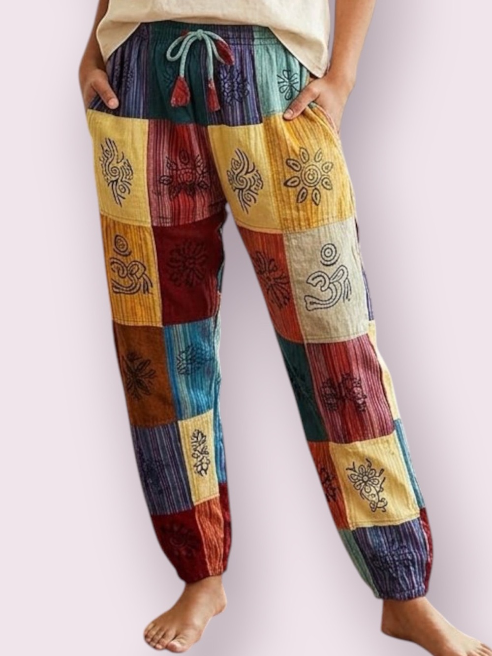 Boho Patchwork Stonewashed Hippie Jogger Pants Size Medium